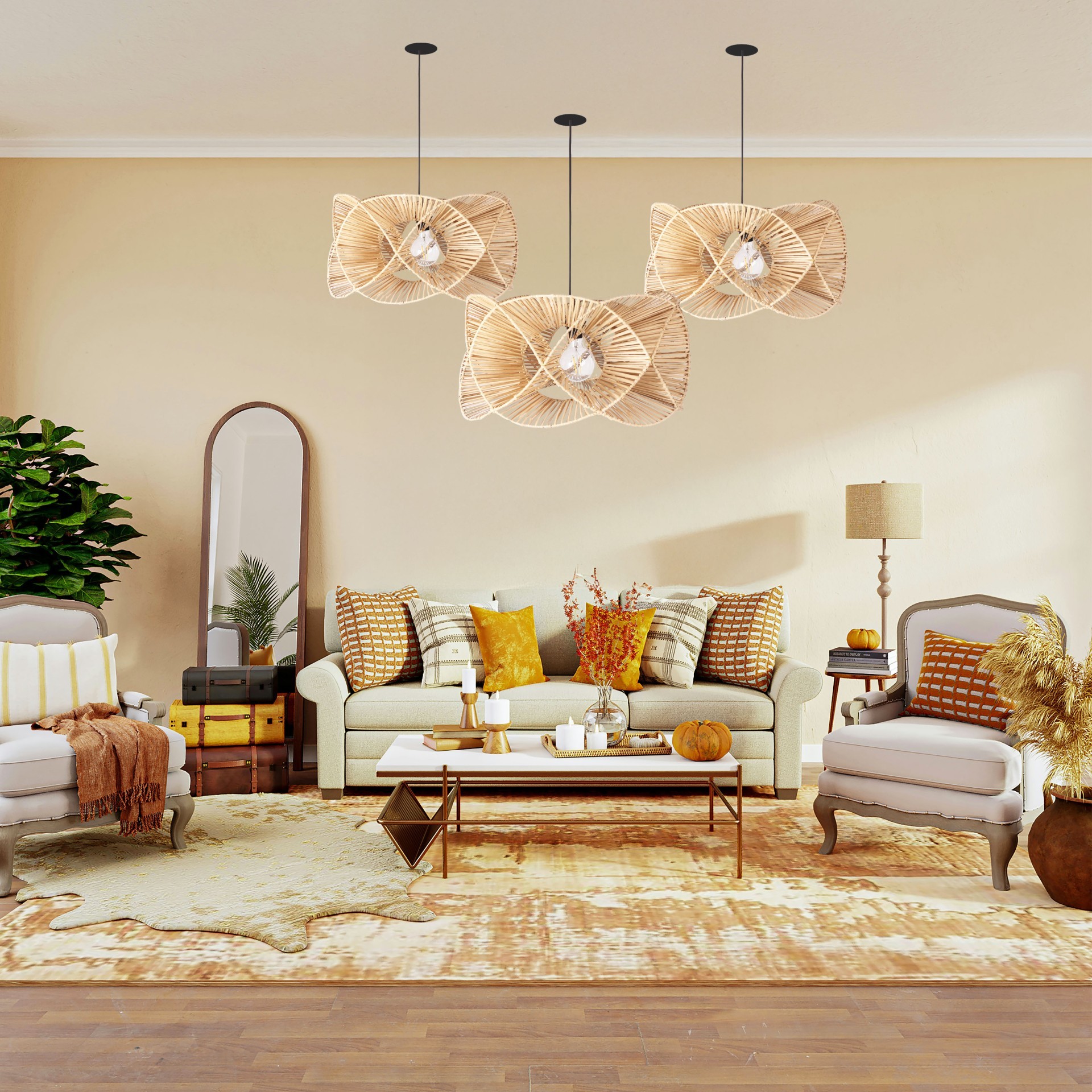 rttn-avz-set3 f1 Rattan Oklid Aydınlatma 3'lü Set - Görsel 1